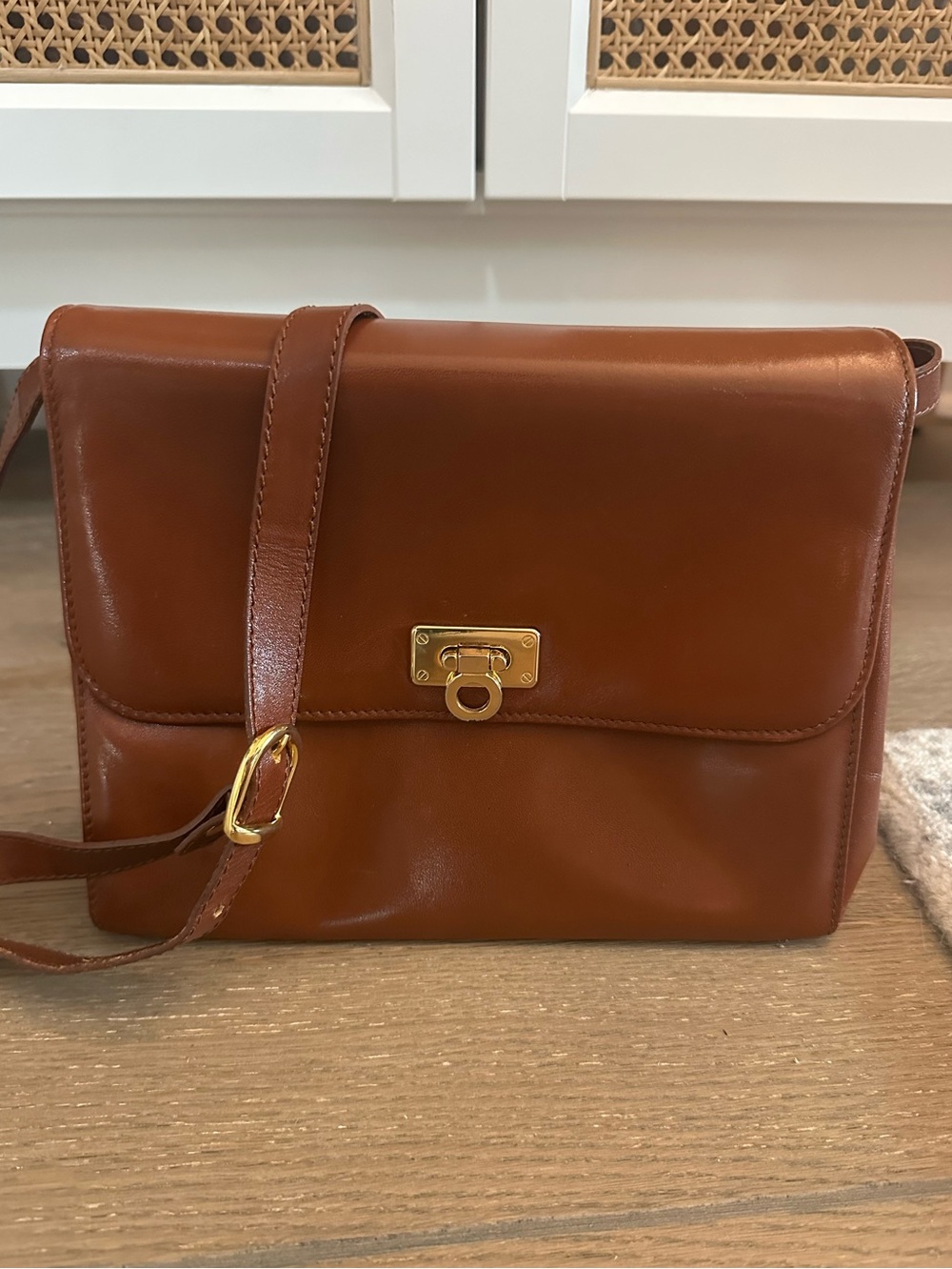 Nine West Cognac Leather Crossbody with Gold-Tone Hardware